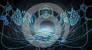 Futuristic neural network tunnel with glowing sphere
