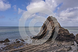 Stunning aerial drone flying landscape image of Blackchurch Rock on Devonian Geological formation