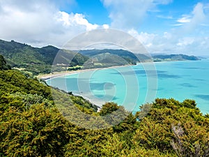 Stunning aerial drone view of the coastline at Whituare Bay near Opotiki and Whakatane in the eastern part of New Zealand