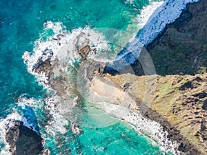 Stunning aerial drone view of the north eastern tip of Lord Howe Island near Malabar Hill. Beautiful white sand beach