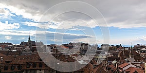 Stunning aerial panorama view of Lausanne downtown cityscape with Lake Geneva Leman in background from Cathedral of Notre Dame