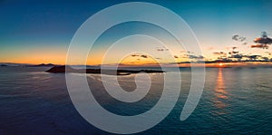 Stunning aerial panoramic view of the sunrise over Lobos Island Corralejo Fuerteventura