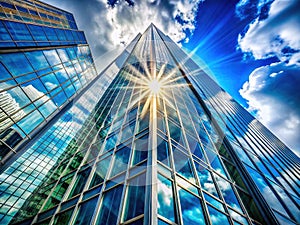 Stunning Aerial Perspective of a Modern Metropolis A GlassClad Skyscraper Soars Against a Clear Blue Sky photo