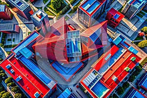 Stunning Aerial Perspective of a Modern Red and Blue Architectural Complex A Dynamic Fusion of Form and Color photo