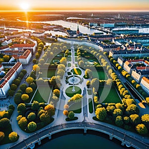 A stunning aerial picture of Copenhagen Botanical Garden and Kew which are both located in the center and are the