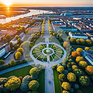 A stunning aerial picture of Copenhagen Botanical Garden and Kew which are both located in the center and are the