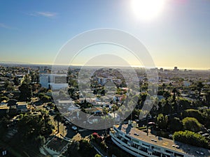 A stunning aerial shot of the building and the skyline of the city of Los Angeles