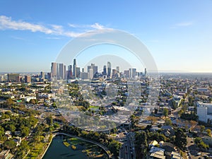 A stunning aerial shot of the buildings and the skyline of the city of Los Angeles