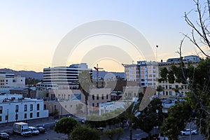 A stunning aerial shot of the cityscape in downtown Pasadena California at sunset