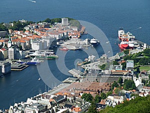 Stunning aerial view of Bergen& x27;s harbor and the city center of Bergen, Norway