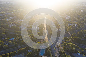 Stunning aerial view of Beverly Hills neighborhood, Beverly Hills Hotel, and Sunset Boulevard surrounded with palm trees