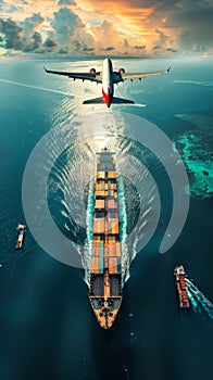 Stunning aerial view of a cargo ship and airplane, showcasing the beauty of logistics and travel over the ocean