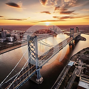 A stunning aerial view of a cityscape at dusk, with its bridge and built structures spanning across the sea beneath an orange-hued