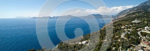 Stunning aerial view of the coastline, showcasing the deep blue ocean in Faralya, Turkey