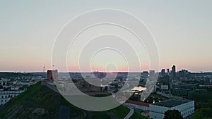 Stunning aerial view of Gediminas Tower and Downtown Vilnius, Lithuania at sunset