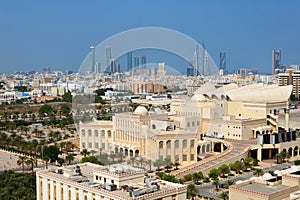Stunning Aerial View of Isa Cultural Centre with a Group of Iconic Landmarks in the Backdrop, Manama, Bahrain