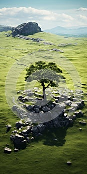 Stunning Aerial View Of Lone Oak Tree In English Countryside