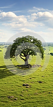 Stunning Aerial View Of Lone Oak Tree In Grassy Savanna