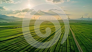 A stunning aerial view of lush green fields wind turbines in the distance and a pipeline connecting them. This pipeline