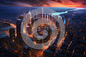 Stunning aerial view of a night city twilight skyline , Generative AI