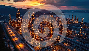 Stunning aerial view of oil refinery at sunset in natural landscape