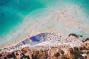 Stunning aerial view of Pelosa Beach (Spiaggia Della Pelosa). Stintino, Sardinia, Italy. La Pelosa beach, Sardinia, Italy. La