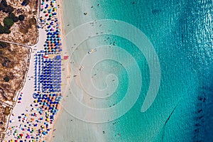 Stunning aerial view of Pelosa Beach (Spiaggia Della Pelosa). Stintino, Sardinia, Italy. La Pelosa beach, Sardinia, Italy. La