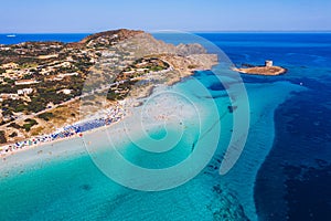 Stunning aerial view of Pelosa Beach (Spiaggia Della Pelosa). Stintino, Sardinia, Italy. La Pelosa beach, Sardinia, Italy. La