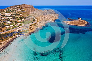 Stunning aerial view of Pelosa Beach (Spiaggia Della Pelosa) with Torre della Pelosa and Capo Falcone. Stintino, Sardinia, Italy.