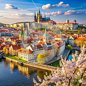 Prague Scenic Spring Aerial View of Old Town and Charles Bridge photo