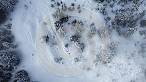 Stunning aerial view of a ski slope blanketed in a layer of fresh snow, dotted with trees