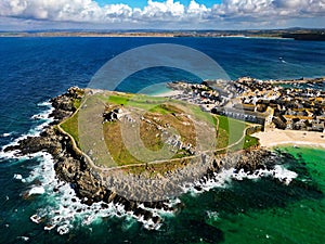 Stunning aerial view of St Mawes Head, located on the stunning coastline of Cornwall, England