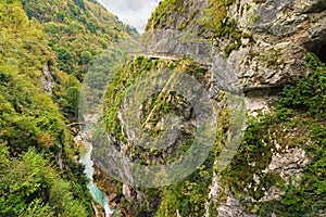 Stunning aerial view of Tolmin Gorge Tolminska Korita. It is one of the most important sight of nature in Triglav National Park