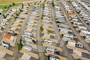 Stunning aerial view of a trailers RV holiday in a campground where recreational vehicles can be parked