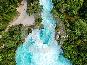 Stunning aerial wide angle drone view of Huka Falls waterfall in Wairakei near Lake Taupo in New Zealand