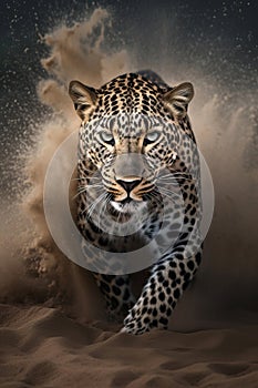 Stunning African Leopard walking through the desert sand and raising a cloud of dust. Amazing African Wildlife. Generative Ai