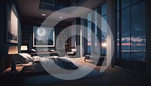 Luxury penthouse bedroom at night, ai generative