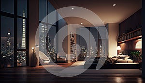 Luxury penthouse bedroom at night, ai generative