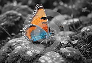 Breathtaking Butterfly with Vibrant Orange and Blue Wings on Mossy Rock in High Definition photo