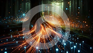 Majestic Forest Tree Illuminated By Flowing Energy Roots And Magical Lights