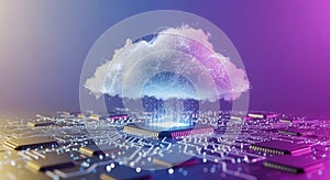 Cloud Computing and Data Transfer: Glowing Processor on a Digital Circuit Board for Tech Industry Solutions.