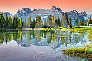 Stunning alpine lake in Dolomites mountains, Antorno lake, Italy, Europe