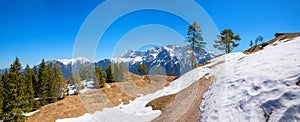 Stunning alpine landscape kranzberg mountain with hiking trail and view to karwendel mountains, Mittenwald in spring