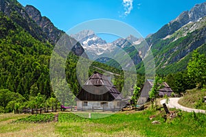 Stunning alpine landscape with rural houses in Soca valley, Slovenia