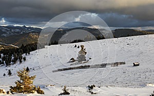 Stunning alpine landscape with sheepfold stockyard, Transylvania