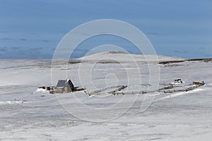 Stunning alpine landscape with sheepfold stockyard, Transylvania