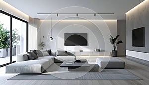 A stunning architectural visualization of a spacious modern minimalist living room featuring a large light gray sectional sofa