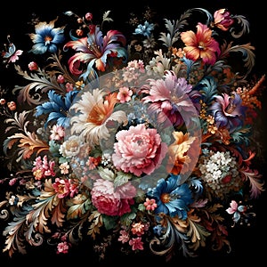 A stunning arrangement of flowers displayed prominently against a dark backdrop in a painting.