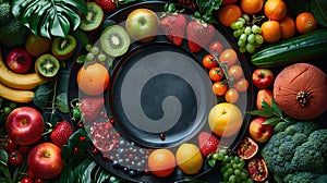 Stunning arrangement of vibrant fruits and vegetables surrounding an empty black plate at the cent