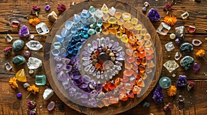 A stunning array of colorful healing crystals and gemstones meticulously on a rustic wooden surface.